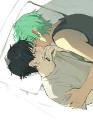 Rule 34 | 2boys, black hair, black tank top, blue eyes, cove holden, covering own mouth, earrings, green eyes, green hair, grey shirt, hand on another&#039;s shoulder, head on pillow, hug, implied yaoi, jewelry, looking at another, lying, main character (our life), male focus, multiple boys, on back, on bed, our life: beginnings and always, pillow, ryuuieu, shirt, short hair, stud earrings, t-shirt, tank top