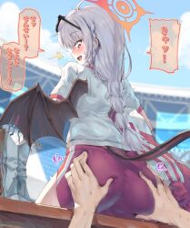 Rule 34 | 1girl, absurdres, blue archive, demon girl, demon tail, demon wings, eyewear on head, french braided ponytail, from behind, grabbing another&#039;s ass, groping, haruna (blue archive), haruna (track) (blue archive), highres, long hair, looking at viewer, official alternate costume, official alternate hairstyle, open mouth, pink shorts, red eyes, shirt, shorts, single wing, sunglasses, sunnysideup, sweatdrop, tail, translated, white hair, white shirt, wings