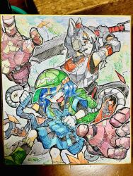 Rule 34 | 2girls, adapted costume, animal ears, arm up, backpack, bag, blue dress, blue eyes, blue hair, boots, closed mouth, commentary, day, doggo 1d34, dress, elbow pads, fighting stance, gloves, green bag, green footwear, green headwear, grey gloves, grey hair, hair bobbles, hair ornament, hat, hatching (texture), headset, highres, holding, holding sword, holding weapon, hood, hood down, hoodie, inubashiri momiji, kawashiro nitori, looking at viewer, making-of available, mechanical arms, medium hair, multiple girls, open mouth, outdoors, outline, pleated dress, red eyes, red headwear, shikishi, short sleeves, signature, sleeveless, sleeveless hoodie, standing, sword, tokin hat, touhou, traditional media, weapon, white gloves, white hoodie, white outline, wolf ears
