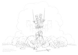 2boys alternate_costume barefoot closed_eyes commentary dreaming from_side gen_8_pokemon grass greyscale highres hop_(pokemon) inktober kazuko_(towa) male_focus monochrome multiple_boys nintendo outdoors pants pokemon pokemon_(creature) pokemon_swsh sheep shirt short_hair short_sleeves shorts sitting swept_bangs sword toes torn_clothes torn_pants victor_(pokemon) weapon wooden_sword wooloo