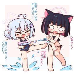&gt;_&lt; 2girls :d ahoge animal_ears barefoot bikini black_bikini black_hair blue_archive blue_hair blue_one-piece_swimsuit blush cat_ears cat_girl chibi chibi_only closed_eyes colored_inner_hair commentary_request full_body hair_bun hair_ornament halo hana_kazari heart highres holding holding_water_gun kazusa_(blue_archive) multicolored_hair multiple_girls o_o one-piece_swimsuit open_mouth outstretched_leg pink_hair pink_halo reisa_(blue_archive) short_hair side-tie_bikini_bottom smile standing star_(symbol) star_hair_ornament swimsuit translation_request water water_gun xd