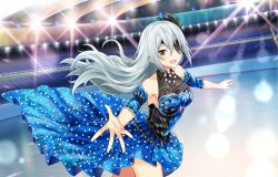 1girl absurdres bare_shoulders black_dress blue_dress blush breasts cowboy_shot detached_sleeves dress floating_hair game_cg grey_hair hair_between_eyes hattori_kikuko highres long_hair looking_at_viewer moe!_ninja_girls moe!_ninja_girls_rpg official_alternate_costume official_art open_mouth sleeveless sleeveless_dress smile solo stage third-party_source yellow_eyes