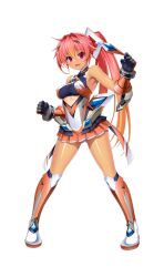 1girl armored_boots armpits bare_shoulders black_gloves boots breasts clenched_hand clenched_hands dark-skinned_female dark_skin exs-tia_sol full_body gauntlets gloves gluteal_fold gradient_hair hair_ornament headgear highres kamitsurugi_ouka knee_boots kouyoku_senki_exs-tia_concert legs_apart leotard long_hair looking_at_viewer medium_breasts miniskirt multicolored_hair official_art oosumi_kanon open_mouth orange_hair orange_skirt pink_eyes pink_hair pleated_skirt ponytail red_eyes skirt smile solo standing tachi-e tan tanline transparent_background very_long_hair