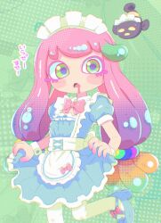 1girl animal apron blue_hair blue_shoes blush bow bowtie clothes_lift clownfish detached_collar dress dress_lift drooling fish footwear_bow green_background green_eyes green_hair harmony&#039;s_clownfish_(splatoon) harmony_(splatoon) high_heels highres ikaheigen long_hair looking_at_viewer low_twintails maid maid_apron maid_day maid_headdress multicolored_hair nintendo open_mouth pink_bow pink_bowtie pink_dress pink_hair polka_dot polka_dot_background puffy_sleeves sea_anemone shoes short_sleeves splatoon_(series) splatoon_3 standing standing_on_one_leg thighhighs twintails white_apron white_thighhighs