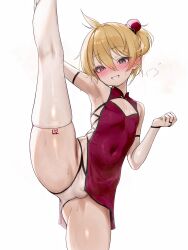 1boy azulasi blonde_hair blush bulge china_dress chinese_clothes commentary covered_navel crossdressing dress grey_eyes grin highres kagamine_len looking_at_viewer male_focus panties parted_lips red_dress short_hair simple_background skindentation smile solo split standing standing_on_one_leg standing_split teeth thighhighs trap underwear vocaloid white_background white_panties white_thighhighs