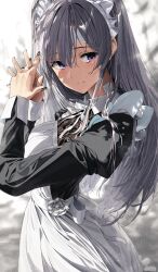 1girl apron bandaid bandaid_on_face bandaid_on_neck black_nails blurry blurry_background bow bowtie closed_mouth collared_shirt dappled_sunlight day fingernails flower flower_ornament frills grey_hair hair_between_eyes highres juliet_sleeves light light_blush long_bangs long_hair long_sleeves looking_afar maid maid_headdress nail_polish noeru original own_hands_clasped own_hands_together puffy_sleeves purple_eyes shirt sidelocks solo standing sunlight white_apron white_bow white_bowtie white_flower
