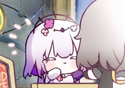 2girls bare_shoulders castorice_(honkai:_star_rail) chibi english_text flower grey_hair hair_flower hair_ornament highres honkai:_star_rail honkai_(series) mikurumikurumi multiple_girls purple_eyes purple_hair sign stelle_(honkai:_star_rail) trailblazer_(honkai:_star_rail)