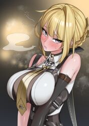 Rule 34 | 1girl, black bow, black choker, black gloves, blonde hair, blush, bow, braid, braided bun, breasts, chest strap, choker, collarbone, collared shirt, drooling, elbow gloves, evelyn chevalier, eyebrows hidden by hair, gloves, hair bun, heavy breathing, high-waist pants, large breasts, latex pants, long hair, looking at viewer, necktie, open mouth, p-tree, pants, purple eyes, saliva, shirt, sleeveless, sleeveless shirt, solo, tight clothes, tight pants, yellow necktie, zenless zone zero