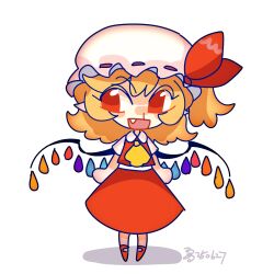 1girl ascot blonde_hair chibi crystal crystal_wings fang flandre_scarlet full_body hat hat_ribbon highres looking_at_viewer mob_cap nailao open_mouth puffy_short_sleeves puffy_sleeves red_eyes red_skirt red_vest ribbon shirt short_hair short_sleeves side_ponytail simple_background skirt smile solo touhou vest white_background wings yellow_ascot