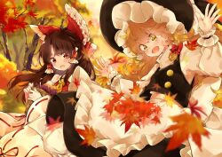 2girls :d apron ascot autumn autumn_leaves bad_id bad_twitter_id black_hat black_skirt black_vest blonde_hair blush bow brown_hair commentary_request day detached_sleeves food frilled_bow frilled_hat frills hair_bow hair_tubes hakurei_reimu hat holding holding_food kirisame_marisa leaf long_hair long_sleeves maple_leaf meji_aniki multiple_girls open_mouth outdoors puffy_sleeves red_bow red_eyes red_shirt roasted_sweet_potato shirt skirt smile sweet_potato touhou tree turtleneck vest wavy_hair white_shirt wide_sleeves witch_hat yellow_ascot yellow_eyes