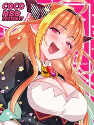 1girl breasts cleavage dated dragon_girl dragon_horns happy_birthday heart hololive horns kiryu_coco kiryu_coco_(1st_costume) n_gyou open_mouth orange_hair pink_background pointy_ears red_eyes simple_background solo upper_body virtual_youtuber