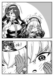 &gt;_&lt; 2girls :d absurdres bare_shoulders blue_archive blush charmbird covering_own_eyes cross cross_earrings detached_sleeves dress earrings gloves greyscale hair_between_eyes hair_over_one_eye highres hinata_(blue_archive) jewelry long_hair monochrome multiple_girls neckerchief nun open_mouth sakurako_(blue_archive) sidelocks smile veil xd