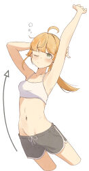 Rule 34 | 1girl, absurdres, arm up, armpits, arrow (symbol), black shorts, blonde hair, blush, breasts, camisole, cleavage, closed mouth, cropped legs, eyebrows hidden by hair, green eyes, groin, highres, holding own arm, looking up, medium hair, mushoku tensei, navel, norn greyrat, ponytail, root (1732050807point), shorts, simple background, small breasts, solo, squeans, stomach, stretching, white background, white camisole