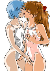Rule 34 | 2girls, absurdres, ayanami rei, blue hair, breasts, brown hair, competition swimsuit, covered navel, expressionless, fingering, french kiss, grabbing own breast, hair between eyes, hair ornament, highleg, highleg one-piece swimsuit, highres, kiss, long hair, looking at another, medium breasts, multiple girls, mutual fingering, mutual masturbation, neon genesis evangelion, one-piece swimsuit, pink one-piece swimsuit, red eyes, short hair, simple background, skin tight, souryuu asuka langley, standing, swimsuit, two side up, white background, white one-piece swimsuit, yuri, yuutaku