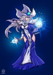 1girl blue_dress dress duel_monster gloves grey_hair hat highres hip_vent holding holding_staff kaijinart long_hair purple_eyes signature silent_magician staff tabard white_gloves white_hat white_tabard wizard_hat yu-gi-oh!