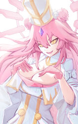 bow breasts double_bun dress evil_alignment_(fate) evil_eyes fangs fate/grand_order fate_(series) gem gloves gold_trim hair_between_eyes hair_bun halo hands_on_own_breasts highres june20544782 koyanskaya_(assassin)_(third_ascension)_(fate) koyanskaya_(fate) large_breasts long_hair no_nose pink_gloves pink_hair purple_gemstone rabbit tamamo_(fate) two-tone_dress very_long_hair white_background white_bow white_dress white_headwear yellow_eyes