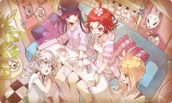 4girls ahoge blonde_hair blue_eyes collared_shirt commentary_request couch cushion finger_to_cheek flower forehead fox_mask from_above grey_hair hair_flower hair_ornament hiiragi_(shinobi_nightmare) indoors kikyou_(shinobi_nightmare) long_hair loungewear mask multiple_girls official_alternate_costume official_art on_couch open_mouth oversized_clothes oversized_shirt photo_(object) purple_shirt red_eyes red_hair sakura_(shinobi_nightmare) scroll shinobi_nightmare shirt shorts shuriken side_ponytail sitting ta_ga_tame_no_alchemist third-party_source weapon white_shirt yuri_(shinobi_nightmare)
