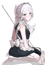 1girl alternate_costume apron back_bow barefoot black_dress bow breasts broom closed_mouth dot_mouth dress frieren green_eyes hair_over_shoulder highres light_blush long_hair looking_at_viewer maid maid_apron moku_(muooku) pantyhose pointy_ears simple_background solo sousou_no_frieren thick_eyebrows twintails white_background white_bow white_hair white_pantyhose