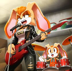 Rule 34 | :d, box, boxes, breasts, brown eyes, brown fur, cardboard box, chain, clothes writing, cream the rabbit, drum, drum set, drumsticks, electric guitar, eyelashes, garage, guitar, hair between eyes, highres, instrument, jacket, large breasts, leather, leather jacket, leather pants, mature female, microphone, mother and daughter, music, open mouth, pants, punk, rabbit, rabbit ears, rabbit girl, red guitar, sega, shirt, singing, smile, sonic (series), torn clothes, torn legwear, two-tone fur, vanilla the rabbit, very long ears, white shirt