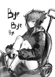 1girl breasts closed_mouth driving english_text glasses greyscale hood hood_down hoodie liz_(nin_fake) looking_at_viewer monochrome motor_vehicle nin_fake original short_hair short_hair_with_long_locks simple_background sitting sketch smile smirk solo sunglasses white_background