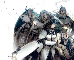 Rule 34 | 5boys, akagishi k, aurel eccard, beard, black gloves, black hair, book, broken horn, cape, coat, elf, facial hair, fur cape, fur coat, gloves, hair over one eye, holding, holding book, holding sword, holding weapon, horns, multiple boys, old, old man, oscar the frozen sea admiral, pixiv fantasia, pixiv fantasia last saga, pointy ears, sigtor the fang axe, simple background, smoking, speech bubble, sword, thought bubble, weapon, white background, white coat, yar (pixiv fantasia last saga), yeori (pixiv fantasia last saga)