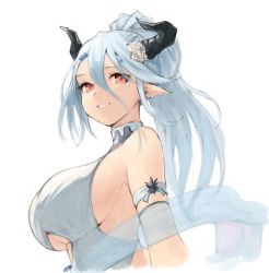 1girl bad_id bad_twitter_id bare_shoulders blue_hair breasts draph female_focus flower from_side granblue_fantasy hair_between_eyes hair_flower hair_ornament highres horns izmir koretsuki_azuma large_breasts long_hair looking_at_viewer looking_to_the_side parted_lips pointy_ears ponytail red_eyes shawl sideboob smile solo underboob upper_body