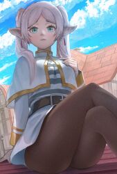 1girl black_pantyhose blue_sky building capelet cloud cloudy_sky crossed_legs day earrings elf frieren green_eyes highres house jewelry long_hair outdoors pantyhose pointy_ears sengnam1997 shirt sitting skirt sky solo sousou_no_frieren striped_clothes striped_shirt twintails white_capelet white_hair white_skirt