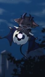 Rule 34 | :d, ^ ^, absurdres, arm rest, arms on head, bat wings, black tail, blurry, blurry background, building, chibikemo, claws, closed eyes, creature, creature focus, creature on head, curled horns, debidebi debiru, demon horns, demon tail, demon wings, depth of field, facial mark, fangs, flying, forehead mark, grey fur, hands on another&#039;s head, highres, horns, midair, multiple horns, night, night sky, nijisanji, no humans, open mouth, otomo (hoshirube sho), purple horns, purple wings, sezu (inuhotwan), sharp teeth, skin fangs, sky, smile, star (sky), starry sky, tail, teeth, two-tone fur, virtual youtuber, white fur, wings