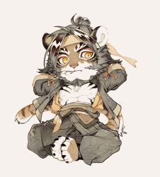 1boy abs animal_ears animated animated_gif arknights arms_behind_head bara beard black_pants black_shirt chibi chinese_clothes chinese_commentary claws closed_mouth commentary_request ear_wiggle facial_hair furry furry_male headband highres huai_tianpei_(arknights) indian_style looking_to_the_side male_focus mouth_hold muscular muscular_male nipples open_clothes open_shirt pants pectorals shirt sitting stalk_in_mouth tail tiger_boy tiger_ears tiger_stripes tiger_tail watermark weibo_watermark white_background yellow_headband yi_tan_a_mi_ba