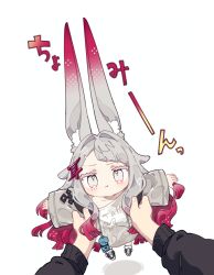 1girl 1other :i :t absurdres animal_ear_fluff animal_ears black_jacket blush character_doll chibi closed_mouth colored_eyelashes gradient_hair grey_eyes grey_hair grey_jacket grey_shirt hair_intakes hair_ornament highres jacket lifting_person long_hair long_sleeves looking_at_viewer miminoko_(vrchat) multicolored_hair notamaru_2 outstretched_arms pout pov pov_hands rabbit_ears rabbit_girl red_hair shadow shirt shoes simple_background sleeves_past_wrists solo_focus sound_effects very_long_hair vrchat wavy_eyes white_background white_shirt wide_sleeves