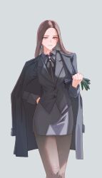 1girl absurdres black_coat black_gloves black_jacket black_pantyhose black_ribbon blue_hair breasts brown_eyes brown_hair business_suit coat coat_on_shoulders collared_shirt colored_inner_hair commentary earrings forehead formal_clothes gloves grey_background grey_shirt grey_skirt hand_on_own_hip highres holding holding_gloves holding_unworn_clothes jacket jewelry knee_up lapels large_breasts light_blush long_hair long_sleeves looking_at_viewer miniskirt mole mole_under_eye multicolored_hair neck_ribbon notched_lapels nutzlos_(pixiv_97134174) original pantyhose pencil_skirt revision ribbon shirt side_slit skirt sleeve_cuffs smile solo standing suit suit_jacket two-tone_hair unworn_gloves