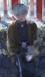1boy barbell_piercing black_gloves black_kimono breath brown_haori commentary_request cup drink ear_piercing earrings fate/grand_order fate_(series) feet_out_of_frame flower gloves hair_between_eyes haori hataya holding holding_cup holding_drink industrial_piercing japanese_clothes jewelry kadoc_zemlupus kimono long_sleeves looking_at_viewer male_focus multiple_earrings nature neck_piercing new_year obi official_alternate_costume official_art outdoors parted_lips piercing pom_pom_(clothes) red_flower red_sash sash short_hair sitting smile solo steam stone_lantern third-party_source white_hair wide_sleeves yellow_eyes