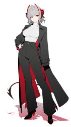 1girl absurdres alternate_costume antennae arasaka_inu arknights black_coat black_pants black_tail breasts casual closed_mouth coat demon_horns demon_tail full_body grey_hair hand_on_own_hip high-waist_pants high_heels highres horns large_breasts long_sleeves looking_at_viewer multicolored_coat open_clothes open_coat pants red_coat red_horns shadow shirt short_hair simple_background solo standing tail turtleneck turtleneck_shirt two-tone_coat w_(arknights) white_background white_shirt