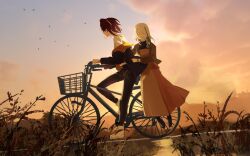 Rule 34 | 2girls, ange katrina, ange katrina (5th costume), ankle boots, bicycle, bicycle basket, black jacket, black pants, black shoes, blue hair, boots, bracelet, braid, brown cardigan, brown dress, cardigan, cloud, dress, elmida, grass, hair over eyes, hair over shoulder, highres, holding another&#039;s waist, jacket, jewelry, lize helesta, lize helesta (5th costume), long dress, long sleeves, medium hair, multicolored hair, multiple girls, nijisanji, off shoulder, open cardigan, open clothes, open jacket, orange jacket, outdoors, pants, red hair, riding, riding bicycle, shirt, shoes, sidelocks, simple bird, single braid, streaked hair, sunset, two-sided fabric, two-sided jacket, two-tone hair, virtual youtuber, white boots, white hair, white shirt