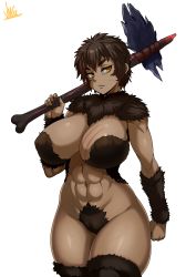 1girl abs absurdres axe battle_axe body_fur bone bone_axe bone_weapon breasts brown_hair bruise closed_mouth colored_skin crossover fang fang_out fur_collar godzilla_(series) godzilla_vs._kong highres holding holding_weapon injury jmg king_kong king_kong&#039;s_battle_axe king_kong_(series) kong_(monsterverse) large_breasts leather leather_straps legendary_pictures looking_at_viewer monster_girl monsterverse navel personification scar scar_on_breast scar_on_stomach short_hair simple_background solo spikes thighs weapon white_background yellow_eyes
