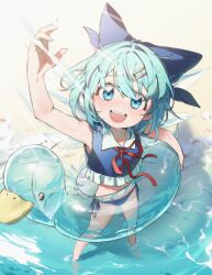Rule 34 | 1girl, :d, barefoot, beach, bikini, blue bikini, blue bow, blue eyes, blue hair, bow, cirno, duck innertube, from above, hair bow, hair ornament, hairclip, hand up, highres, holding, holding swim ring, innertube, light blush, light rays, navel, ocean, open mouth, pamoo owo, parallel hairclips, short hair, smile, solo, stomach, swim ring, swimsuit, teeth, touhou, transparent innertube, upper teeth only, wading, water, waves, wings