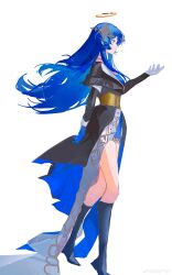 1girl absurdres ambience_synesthesia arknights black_boots black_dress boots chinese_commentary closed_mouth commentary_request dress from_side halo highres knee_boots long_hair mostima_(arknights) mostima_(ethereal_harmony)_(arknights) official_alternate_costume purple_eyes purple_hair revision sidelocks simple_background solo tiara white_background you_zhiqi_de
