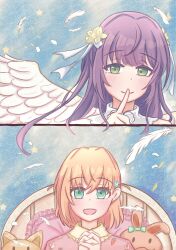 Rule 34 | 2girls, :d, absurdres, aged down, angel, angel wings, aqua eyes, closed mouth, commentary request, contrast collar, ether aria (love live!), feathered wings, finger to mouth, flower, frilled shirt collar, frills, hair flower, hair ornament, highres, hikari863126, hinoshita kaho, hinoshita kaho (young), interlocked fingers, link! like! love live!, long hair, love live!, multiple girls, official alternate costume, on bed, open mouth, orange hair, otomune kozue, own hands clasped, own hands together, pink shirt, purple hair, rabbit hair ornament, shirt, shushing, sidelocks, smile, stuffed animal, stuffed rabbit, stuffed toy, two side up, virtual youtuber, white wings, wings, yellow flower
