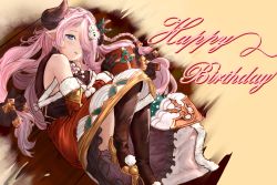 1girl absurdres bare_shoulders blue_eyes boots bow braid christmas crown_braid draph dress fetal_position fur_trim gift granblue_fantasy hair_bow hair_ornament hair_over_one_eye happy_birthday high_heel_boots high_heels highres holding holding_gift holly_hair_ornament horns keqikehe leotard leotard_under_clothes long_hair narmaya_(granblue_fantasy) narmaya_(holiday)_(granblue_fantasy) pink_hair pink_pupils pointy_ears pom_pom_(clothes) side_braid snowman_hair_ornament solo strapless strapless_dress thigh_boots thighhighs very_long_hair