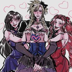 1boy 2girls aerith_gainsborough aerith_gainsborough_(red_dress) black_dress black_hair black_ribbon blonde_hair blue_corset blue_dress blush braid breasts brown_hair cloud_strife cloud_strife_(blue_dress) corset crossdressing dress final_fantasy final_fantasy_vii final_fantasy_vii_remake flamenco_dress green_eyes hair_between_eyes hair_ribbon heart heart_hands heart_hands_duo highres ht8207 long_dress medium_breasts multiple_girls official_alternate_costume open_mouth parted_bangs pendant_choker ponytail puffy_short_sleeves puffy_sleeves red_dress red_eyes red_ribbon ribbon sharp_teeth short_dress short_sleeves sidelocks sketch smile strapless strapless_dress sweatdrop teeth tifa_lockhart tifa_lockhart_(refined_dress) twin_braids upper_body