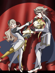 1girl 2boys armor black_hairband blonde_hair blue_cape cape chickenkaku dual_persona female_corrin_(fire_emblem) fire_emblem fire_emblem_fates hair_between_eyes hairband long_hair male_corrin_(fire_emblem) multiple_boys nintendo phrygian_cap pointy_ears red_eyes striped_clothes striped_headwear vertical-striped_clothes vertical-striped_headwear zola_(fire_emblem)