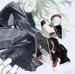 2girls ankle_socks artist_name bang_dream! bang_dream!_it&#039;s_mygo!!!!! beret black_capelet black_dress black_pantyhose black_skirt capelet chinese_commentary commentary_request dress dual_persona floating_hair green_hair grey_background hands_on_hilt hat long_dress long_hair long_sleeves lying mary_janes mortis_(bang_dream!) mortis_(costume)_(bang_dream!) multiple_girls on_side outline pantyhose pe902 plaid_clothes plaid_dress planted planted_sword planted_weapon red_footwear red_hat red_shorts shoes shorts showgirl_skirt simple_background skirt sleeve_cuffs socks sword wakaba_mutsumi watermark weapon weibo_watermark white_outline white_socks yellow_eyes