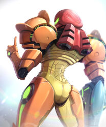 1girl arm_cannon armor artist_name bloom commentary_request cowboy_shot facing_away full_armor gonzarez hand_up helmet highres light_particles metroid metroid_prime metroid_prime_1 nintendo power_armor power_suit_(metroid) samus_aran science_fiction solo standing thumbs_up twitter_username varia_suit visor_(armor) weapon