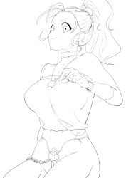 Rule 34 | 1girl, absurdres, breasts, chrono trigger, closed mouth, greyscale, highres, jewelry, large breasts, long hair, looking at viewer, marle (chrono trigger), monochrome, necklace, ponytail, simple background, smile, solo, white background