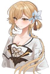 1girl absurdres alternate_costume alternate_hairstyle blonde_hair breasts cleavage commentary_request dress flower genshin_impact hair_flower hair_ornament highres hotaboshi_yazuki long_hair lumine_(genshin_impact) solo upper_body white_dress white_flower yaduki100 yellow_eyes