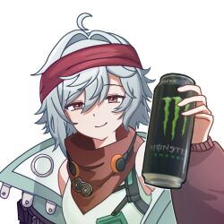 1girl ahoge bandana brown_eyes can commentary energy_drink g11_(girls&#039;_frontline) girls&#039;_frontline girls&#039;_frontline_2:_exilium green_jacket grey_hair hair_between_eyes holding holding_can jacket k3_uddo019 looking_at_viewer mechty_(girls&#039;_frontline_2) monster_energy open_clothes open_jacket red_bandana short_hair simple_background smile solo symbol-only_commentary upper_body white_background