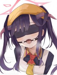 1girl apron blindfold blue_archive blush cropped_torso fuuka_(blue_archive) gag hair_on_horn halo headscarf highres horns loli long_hair multicolored_necktie necktie open_mouth purple_hair purple_horns red_halo saliva simple_background solo sweatdrop take_(user_wpge4232) tongue white_apron white_background yellow_headscarf