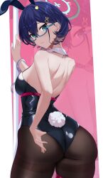 Rule 34 | 1girl, absurdres, adjusting clothes, adjusting leotard, alternate costume, animal ears, aqua-framed eyewear, aqua eyes, aqua halo, arm behind back, ass, back, bare shoulders, black leotard, blue archive, blue hair, blush, breasts, brown pantyhose, chihiro (blue archive), closed mouth, commentary, cowboy shot, cuffs, curvy, detached collar, eyelashes, fake animal ears, fake tail, from behind, frown, glasses, hair between eyes, hair ornament, halo, hand up, handcuffs, highleg, highleg leotard, highres, large breasts, leotard, looking at viewer, looking back, pantyhose, pink background, playboy bunny, pole, rabbit ears, rabbit hair ornament, rabbit hole (vocaloid), rabbit tail, semi-rimless eyewear, short hair, simple background, skindentation, solo, stripper pole, tail, thigh strap, thighband pantyhose, tokiyanagi, zoom layer