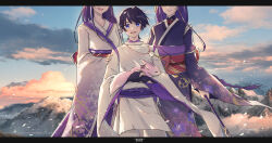 1boy 2girls absurdres alternate_universe animal animalization armor aunt_and_nephew black_border black_hair blue_eyes blue_sky border bow chinese_text closed_mouth cloud cloudy_sky electro_symbol_(genshin_impact) eyeliner eyes_out_of_frame eyeshadow family floral_print fox furisode genshin_impact han&#039;eri hand_on_another&#039;s_shoulder head_out_of_frame highres holding holding_animal japanese_armor japanese_clothes kariginu kimono kote kurokote laoshu_pai_qianbi layered_kimono layered_sleeves letterboxed light_blush long_hair long_sidelocks long_sleeves low-braided_long_hair low-tied_long_hair makeup makoto_(genshin_impact) middle_ring mitsudomoe_(shape) mother_and_son mountain mountainous_horizon multiple_girls obi obiage obijime open_mouth outdoors pants pelvic_curtain purple_bow purple_hair purple_kimono purple_sash purple_sleeves raiden_shogun red_eyeliner red_eyeshadow red_ribbon ribbon sanpaku sash scaramouche_(genshin_impact) scaramouche_(kabukimono)_(genshin_impact) shrug_(clothing) siblings sidelocks signature single_sidelock sisters sky smile standing tomoe_(symbol) twins white_kimono white_pants white_sleeves wide_sleeves yae_miko yae_miko_(fox)