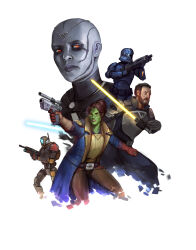 2girls 3boys alien armor artist_name bald bald_female beard black_gloves blue_coat blue_lightsaber brown_gloves brown_hair brown_pants coat colored_skin energy_sword facial_hair gloves green_skin grey_skin gun hanonaut helmet highres holding holding_gun holding_sword holding_weapon jedi lightsaber long_coat mirialan multiple_boys multiple_girls open_clothes open_coat orange_eyes pants robot simple_background star_wars star_wars:_the_old_republic sword two-tone_gloves weapon white_background yellow_lightsaber